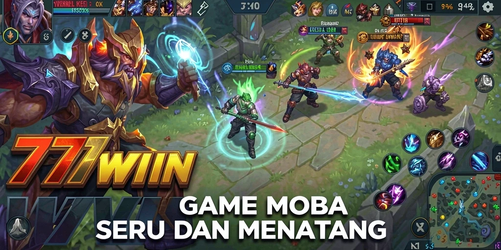Screenshot gameplay 777WIN menunjukkan pertarungan seru di arena MOBA.