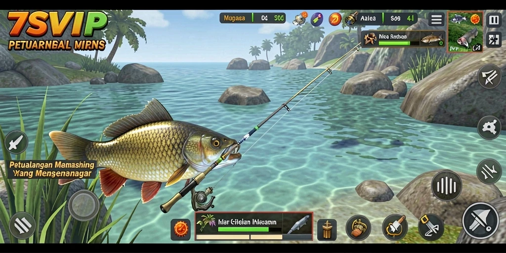 Screenshot gameplay 7SVIP menampilkan keindahan alam dalam memancing.