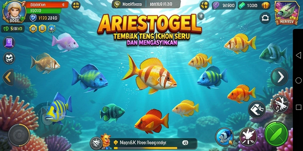 Screenshot gameplay ARIESTOGEL dengan aksi menembak ikan yang seru.