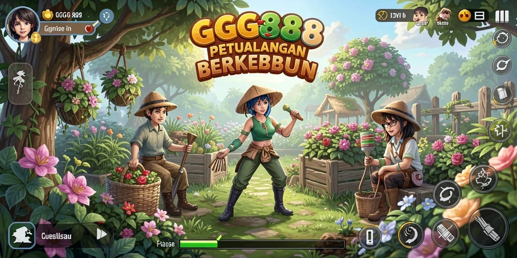 Tangkapan layar gameplay GGG888 yang menampilkan kebun yang indah dan tanaman yang subur.