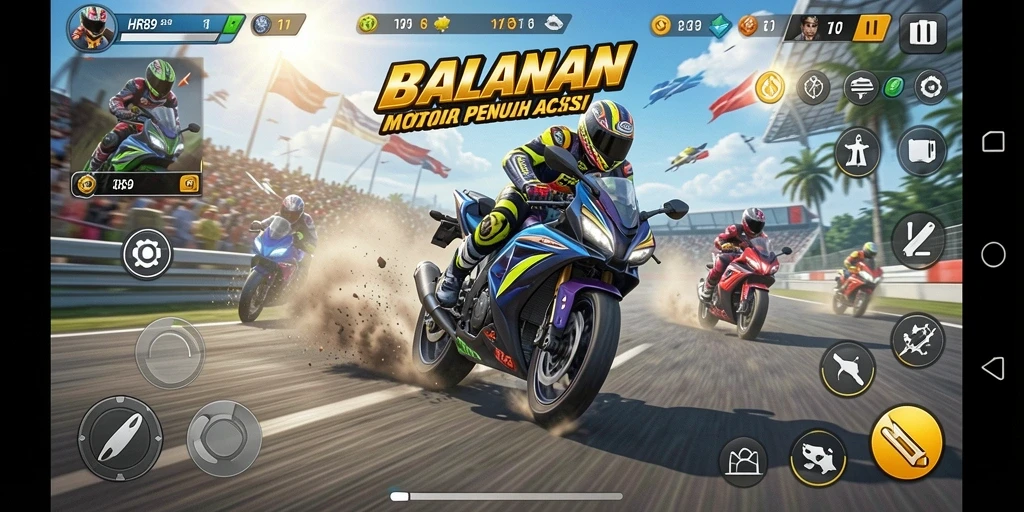 Gameplay HR89 yang seru dalam balapan motor penuh aksi.