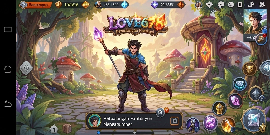 Tangkapan layar utama dari gameplay <strong>LOVE678</strong> menampilkan pertempuran epik dan dunia fantasi.