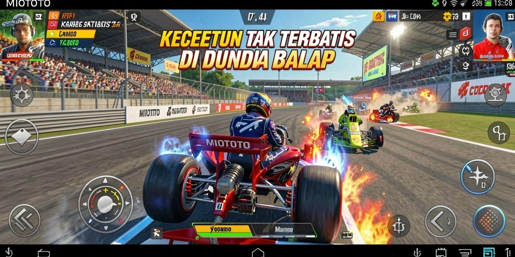 Screenshot gameplay MIOTOTO menampilkan aksi balap yang mendebarkan.