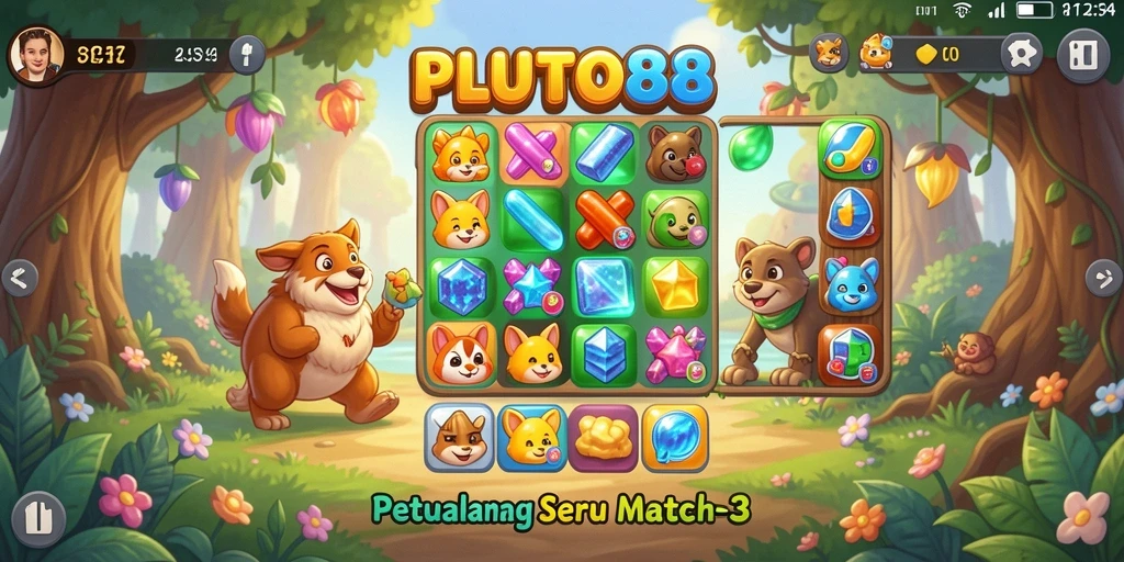 Screenshot menampilkan gameplay menarik PLUTO88 dengan elemen Match-3.