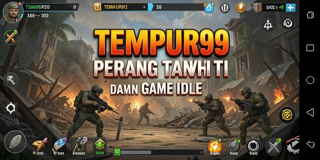 Screenshot menunjukkan aksi pasukan dalam TEMPUR99 dengan gameplay Idle yang menarik.