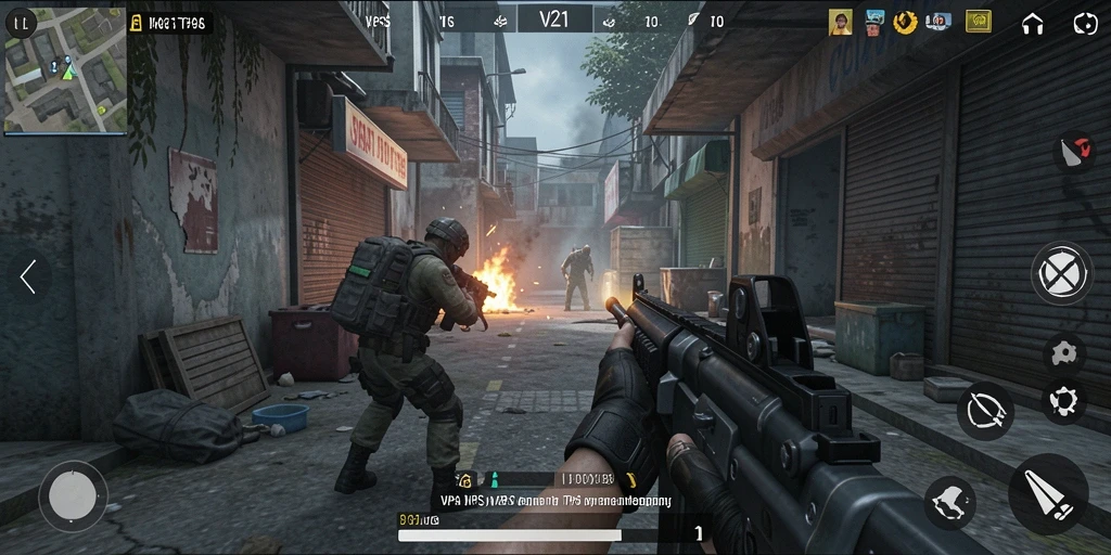 Screenshot gameplay V21 yang sedang berlangsung dengan aksi menegangkan.