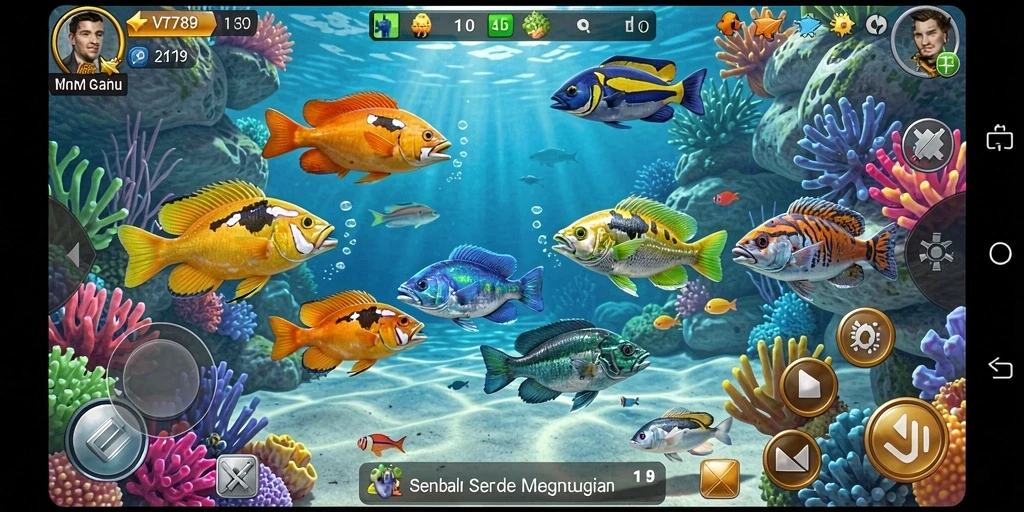 Screenshot VT789 menampilkan gameplay seru Tembak Ikan dengan ikan beragam.